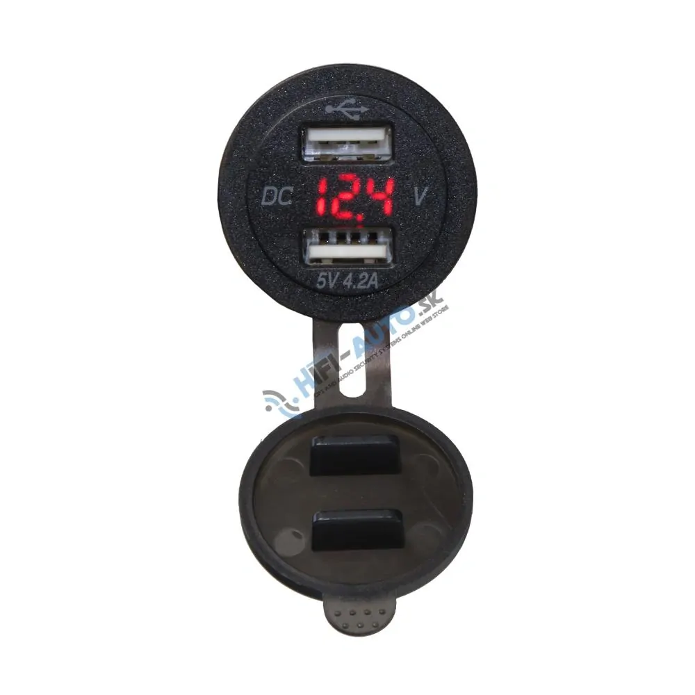 2x USB nabíjačka s voltmetrom vodeodolná do panelu, červená