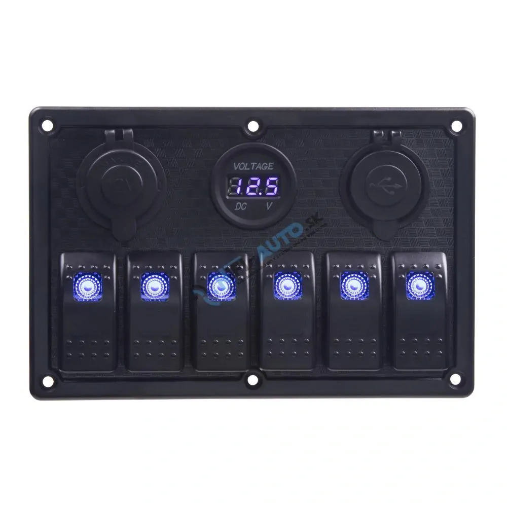 Panel s 6x spínačmi Rocker, voltmeter, CL + USB zásuvka, 12/24V