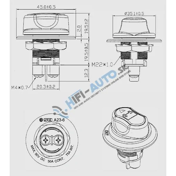 Odpojovač batérie 50A, 50V, neodnímateľná kľučka