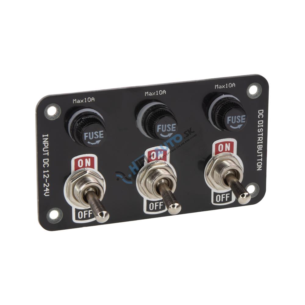 Panel s 3x spínačmi + 3x poistky, 12/24V