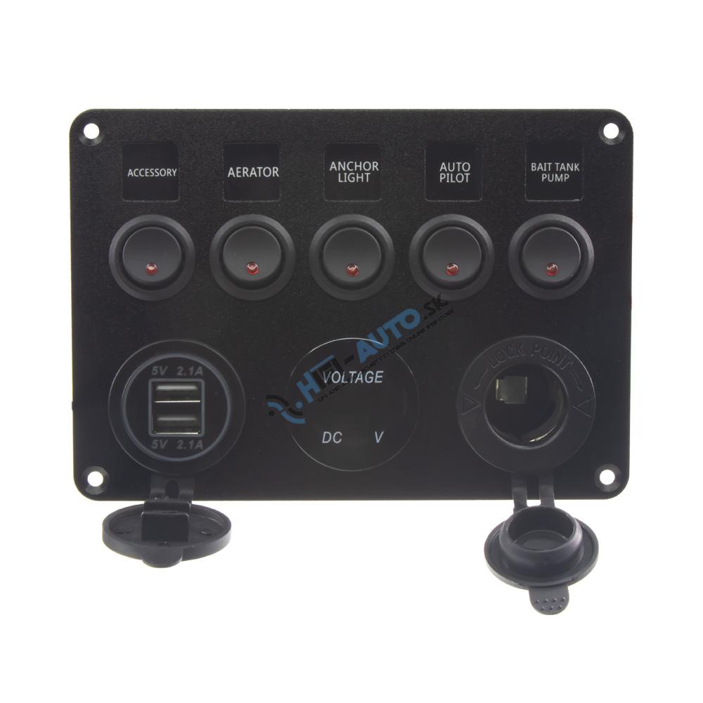 Panel s 5x spínačmi, CL, voltmeter + 2x USB zásuvka, 12/24V
