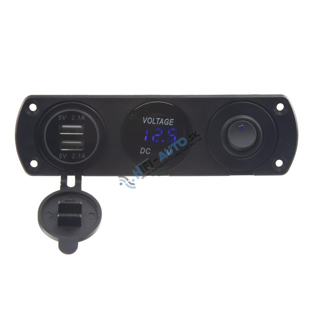 Panel s 1x spínačom, voltmeter + 2x USB zásuvka, 12/24V