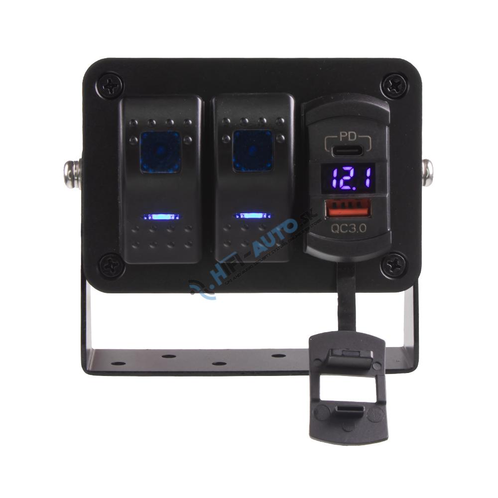 Panel s 2x spínačmi Rocker, voltmeter + USB/USB-C zásuvka, 12/24V