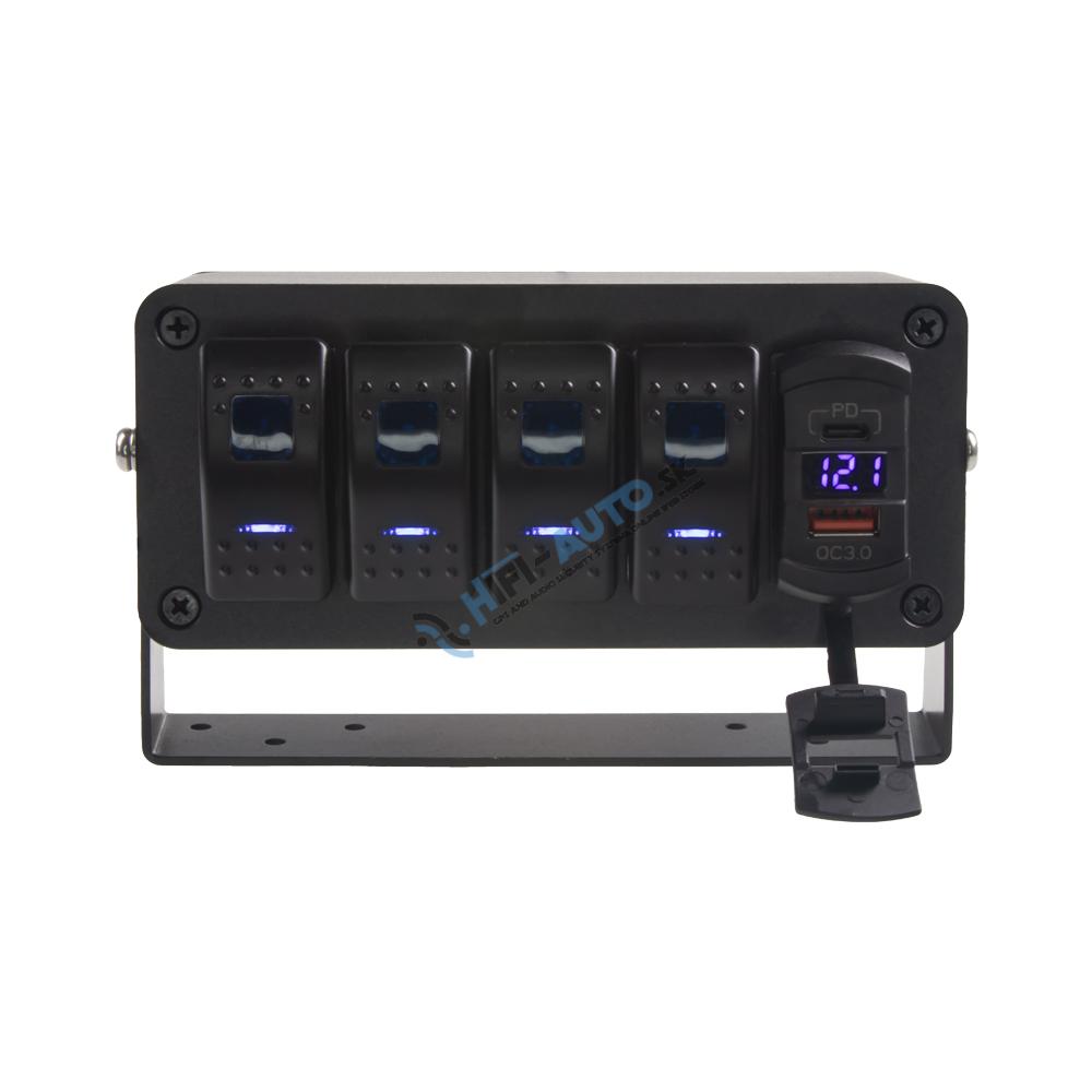 Panel s 4x spínačmi Rocker, voltmeter + USB/USB-C zásuvka, 12/24V