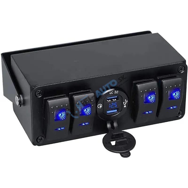 Panel s 4x spínačmi Rocker, voltmeter + 2x USB zásuvka, 12/24V