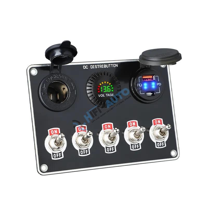 Panel s 5x spínačmi + 2x USB/Voltmeter a CL zásuvka, 12/24V