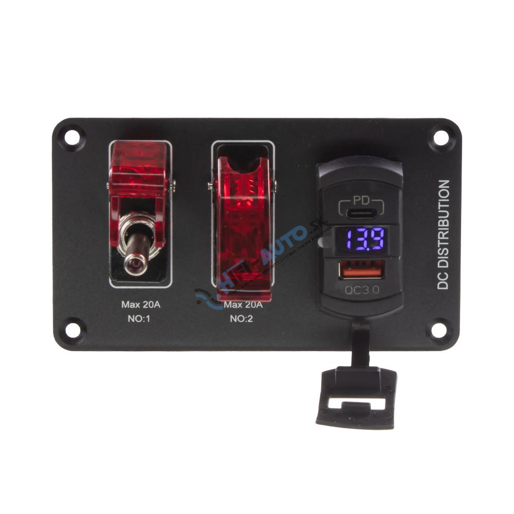 Panel s 2x spínačmi + 2x USB, 12V