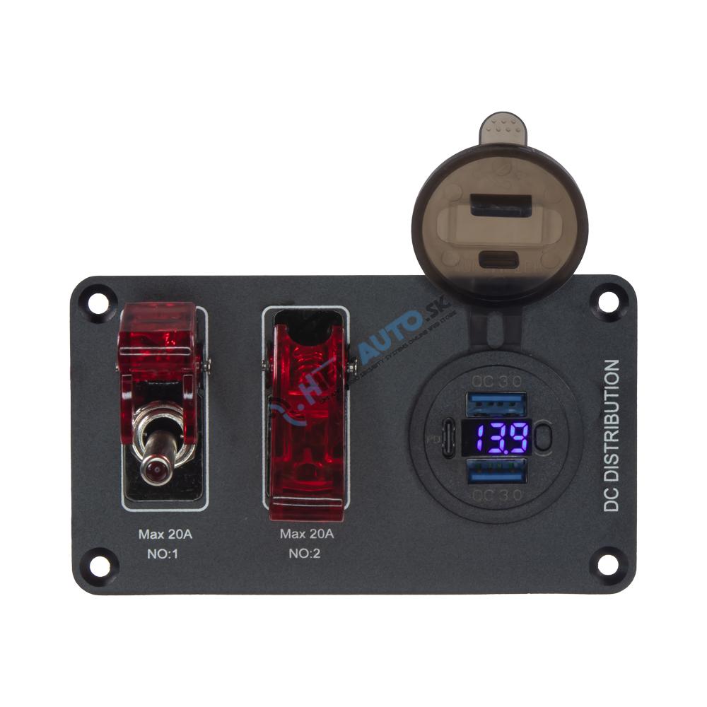 Panel s 2x spínačmi + 2xUSB, 1xUSB-C + voltmeter 12V