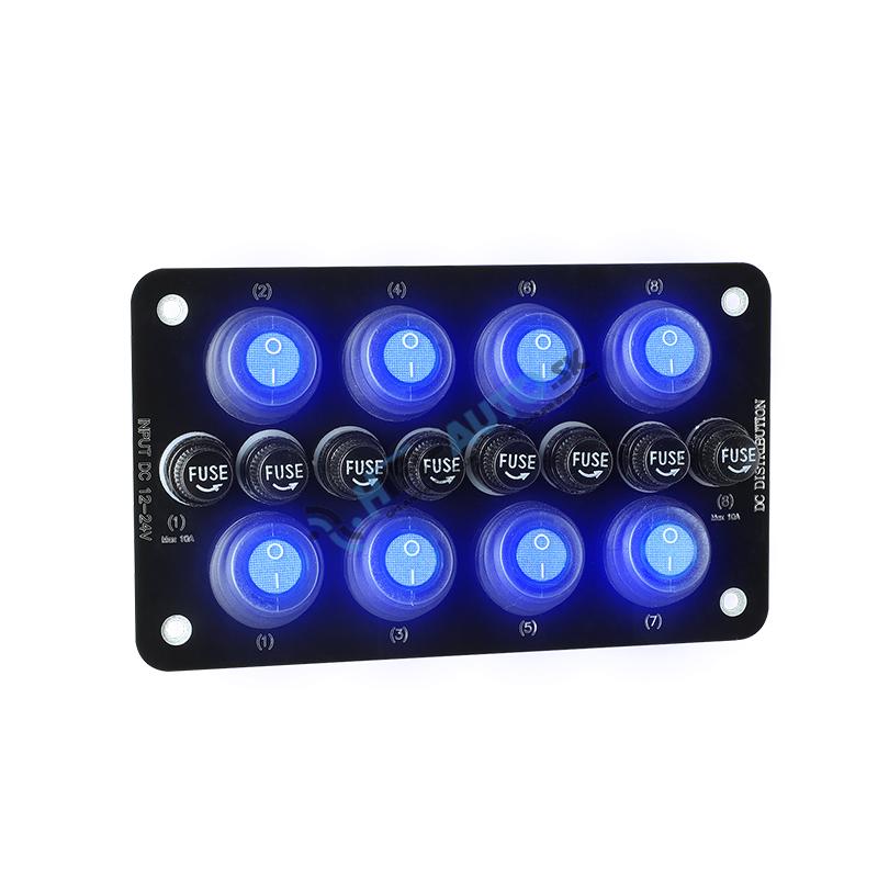 Panel s 8x spínačmi + 8x poistky, 12/24V
