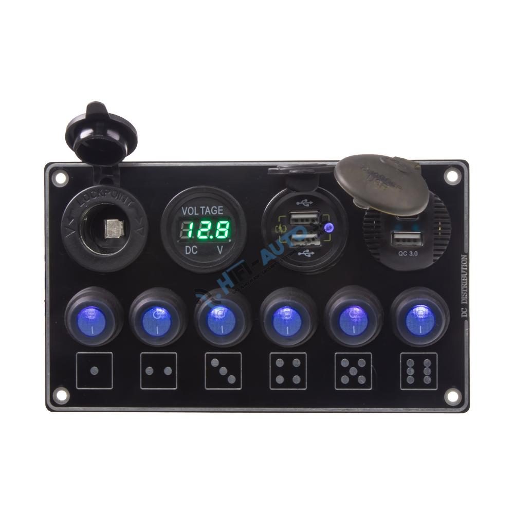 Panel s 6x spínačmi + 4x USB PD/Voltmeter/CL zásuvka, 12/24V