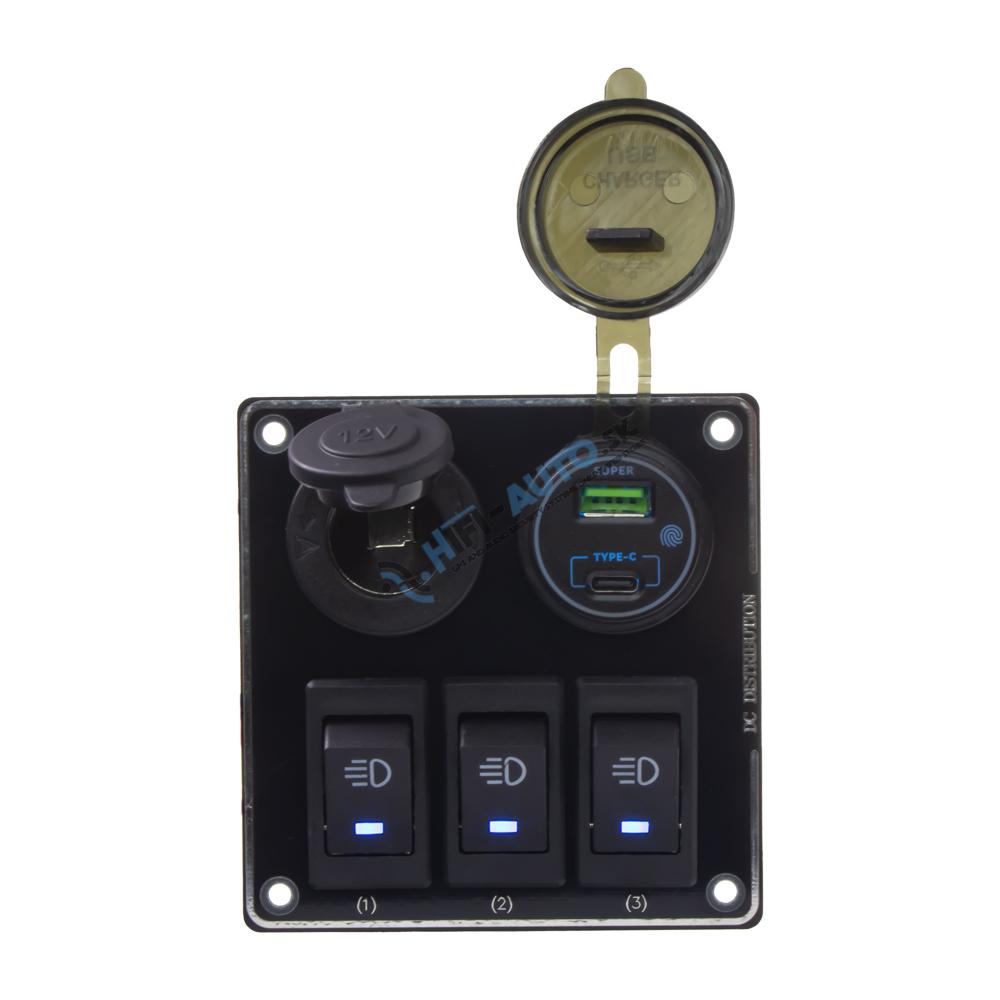 Panel s 3x spínačmi + USB-C/USB-A + CL zásuvka, 12/24V