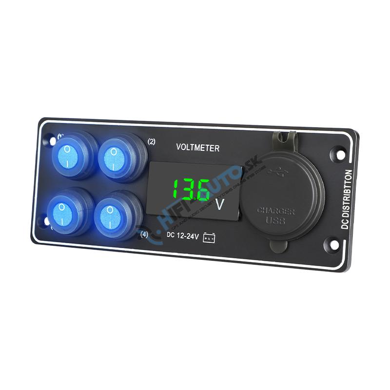Panel s 4x spínačmi + USB-C/USB-A + Voltmeter, 12/24V