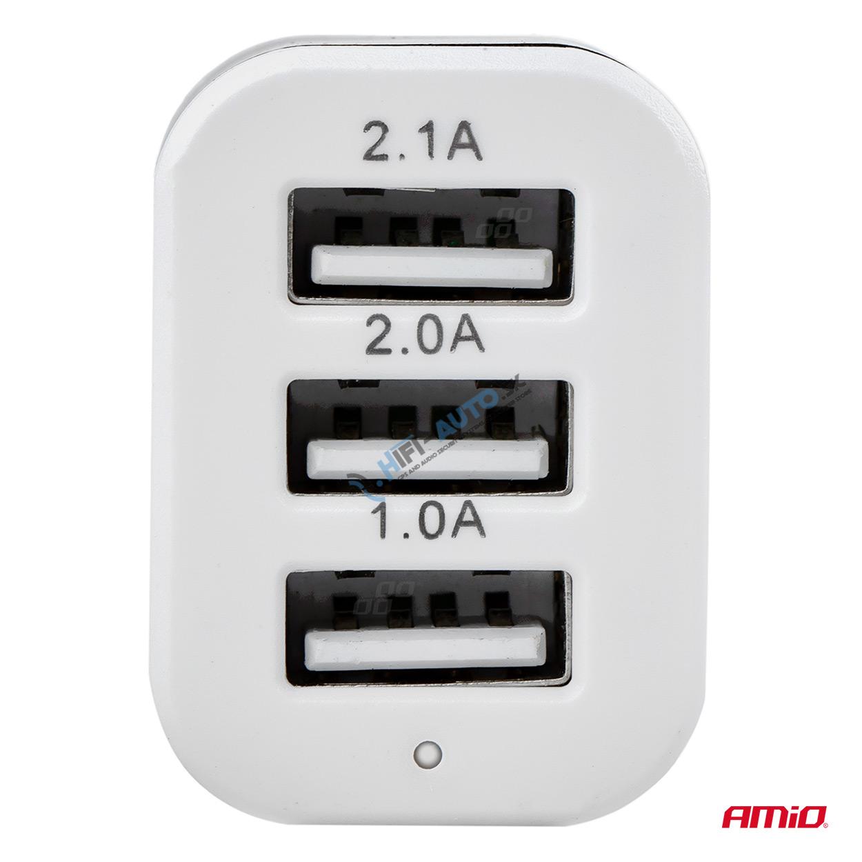 Autonabíjačka mobilného telefónu s 3xUSB biela PCH-03