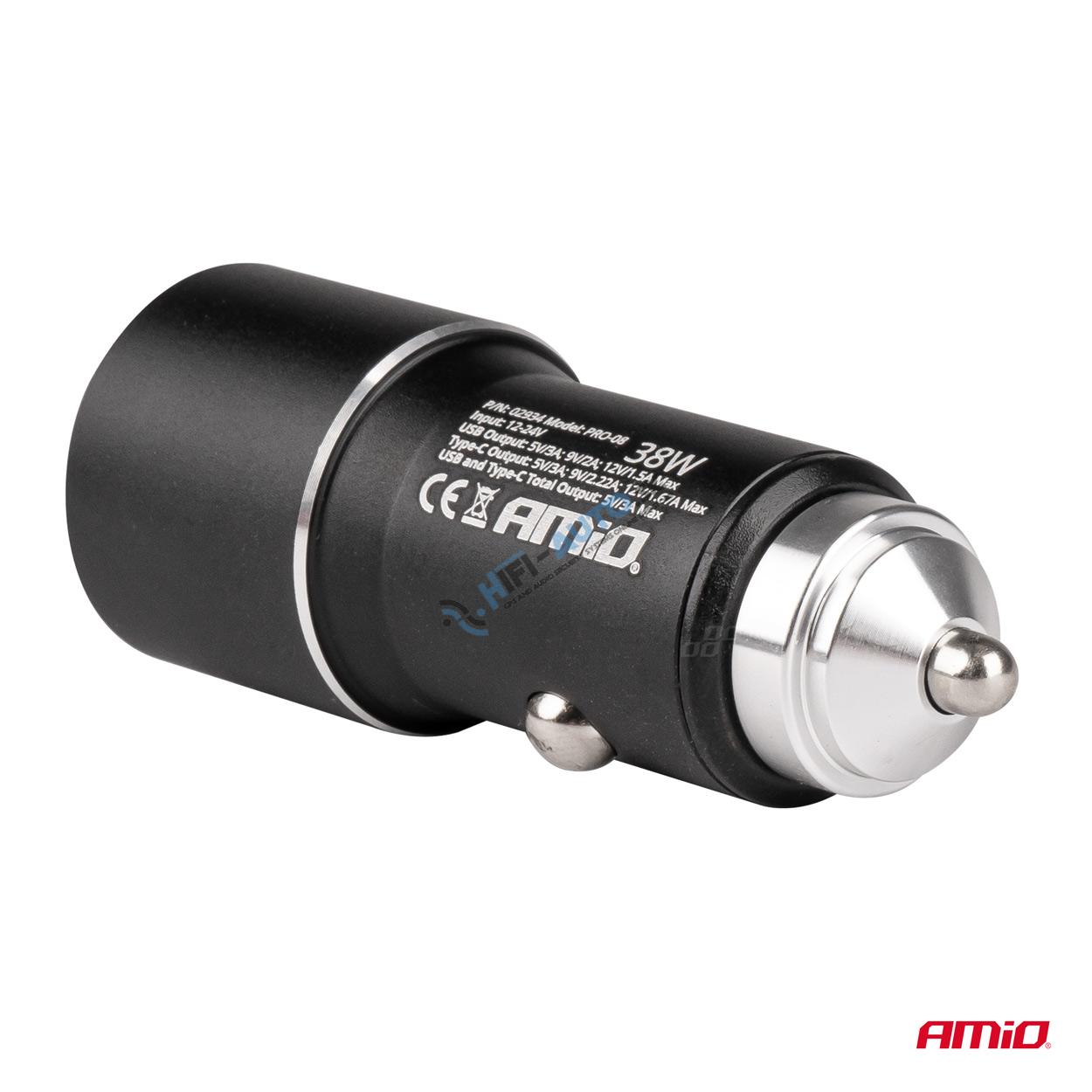 Hliníková nabíjačka do auta PCH PRO-08 USB-C+USB 38W 12/24V