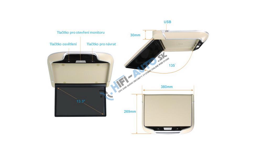 Stropný LCD monitor 13,3" čierny s OS. Android HDMI / USB, diaľkové ovládanie so snímačom pohybu