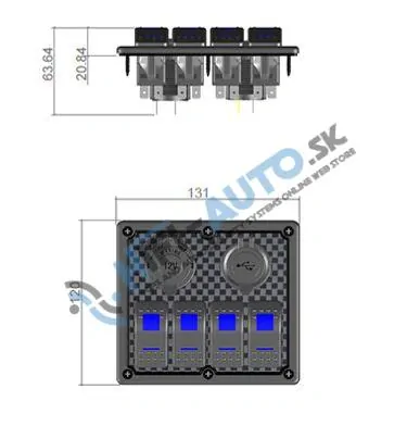 Panel s 4x spínačmi Rocker, CL + USB zásuvka, 12/24V
