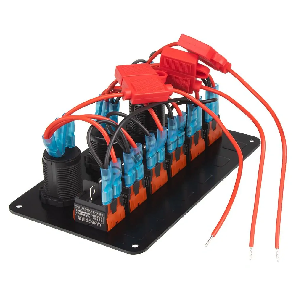 Panel s 6x spínačmi, CL, voltmeter + USB zásuvka, 12/24V