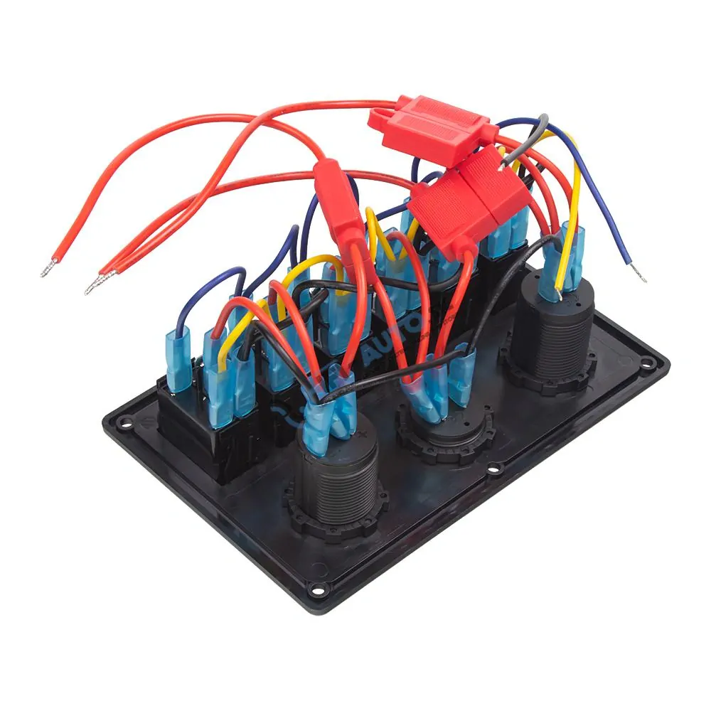 Panel s 6x spínačmi Rocker, voltmeter, CL + USB zásuvka, 12/24V