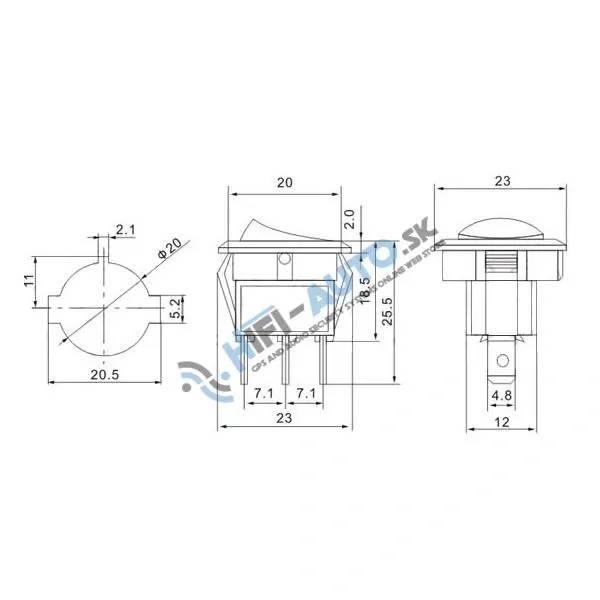 Spínač kolískový okrúhly 20A červená kontrolka