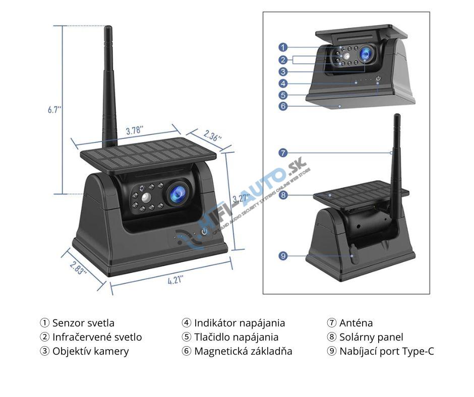 Magnetická solárna bezdrôtová cúvacia kamera s WiFi prenosom a nočným videním