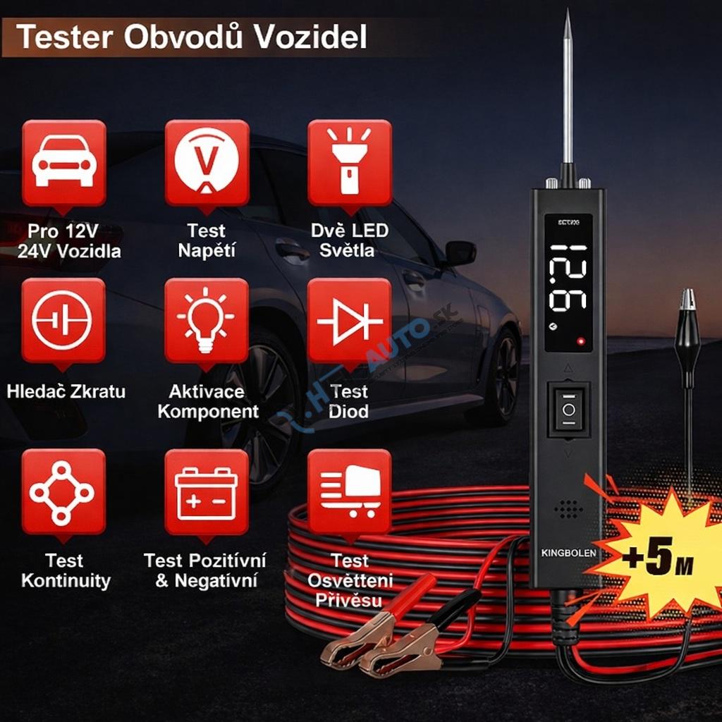 Multifunkčný tester - skúšačka elektrických obvodov auta 12/24V s displejom