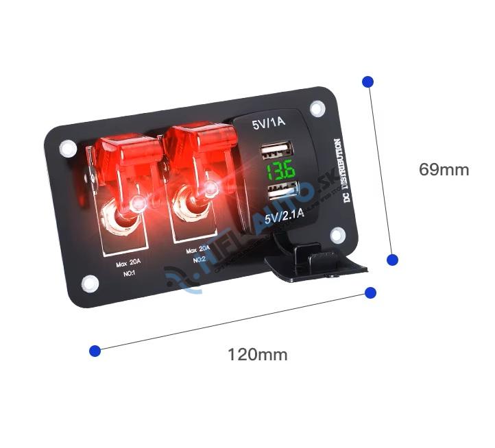 Panel s 2x spínačom + 2x USB + voltmeter