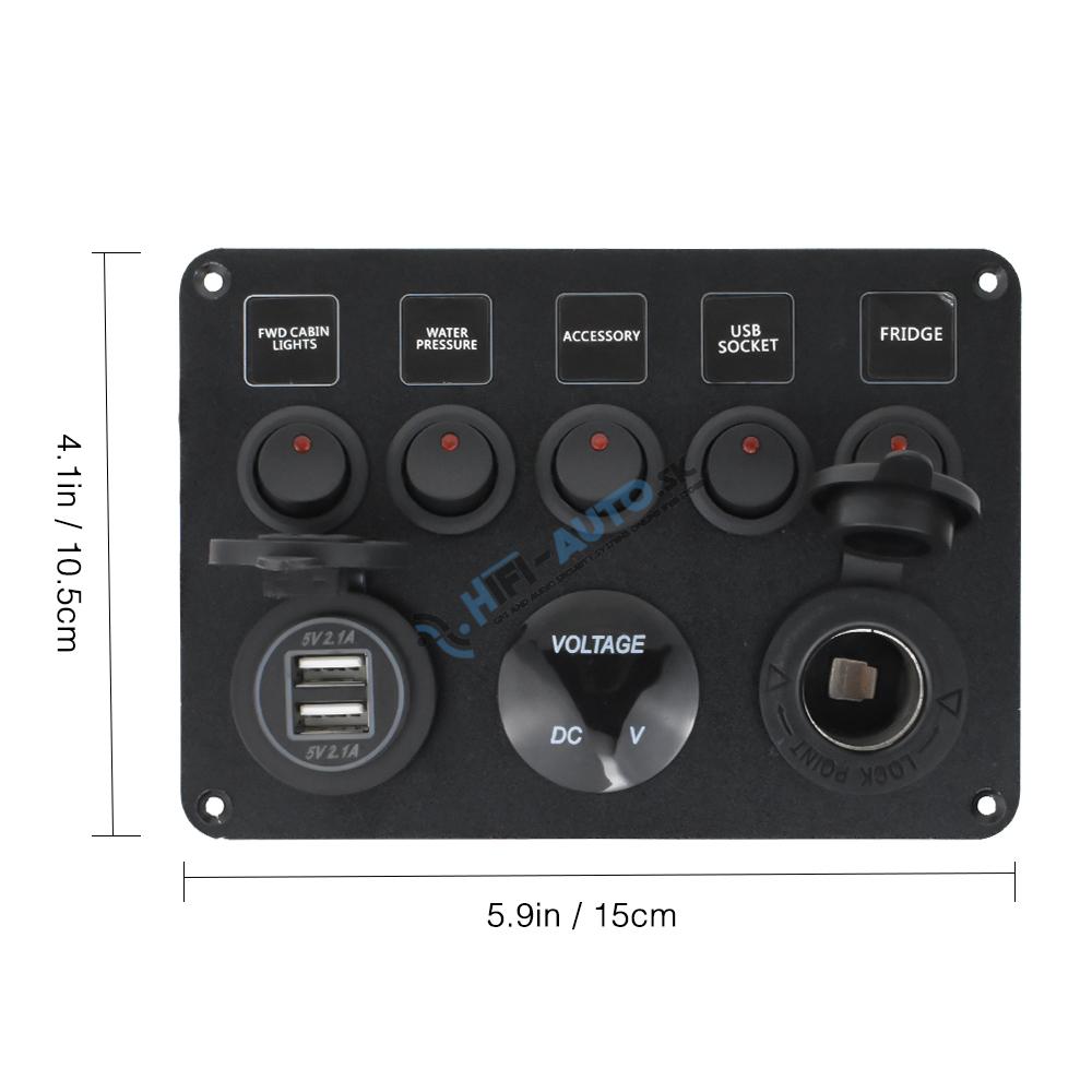 Panel s 5x spínačmi, CL, voltmeter + 2x USB zásuvka, 12/24V