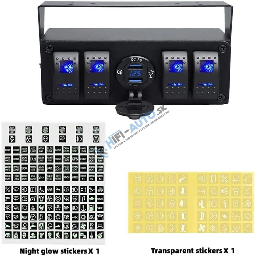 Panel s 4x spínačmi Rocker, voltmeter + 2x USB zásuvka, 12/24V