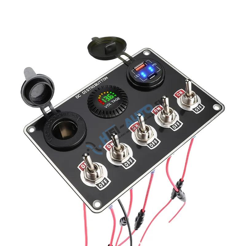Panel s 5x spínačmi + 2x USB/Voltmeter a CL zásuvka, 12/24V