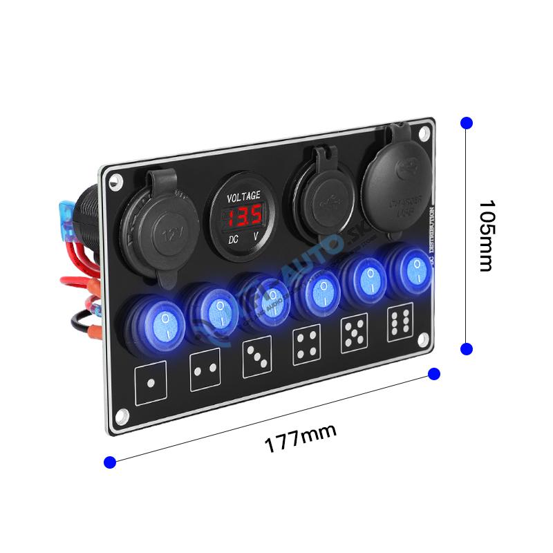 Panel s 6x spínačmi + 4x USB PD/Voltmeter/CL zásuvka, 12/24V
