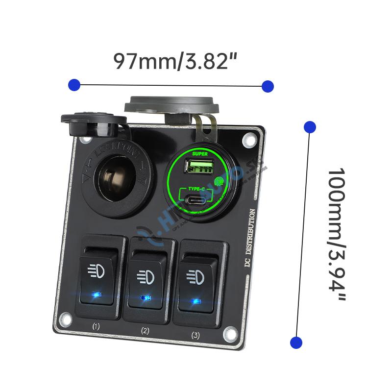 Panel s 3x spínačmi + USB-C/USB-A + CL zásuvka, 12/24V