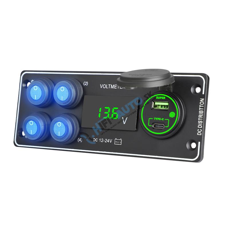 Panel s 4x spínačmi + USB-C/USB-A + Voltmeter, 12/24V