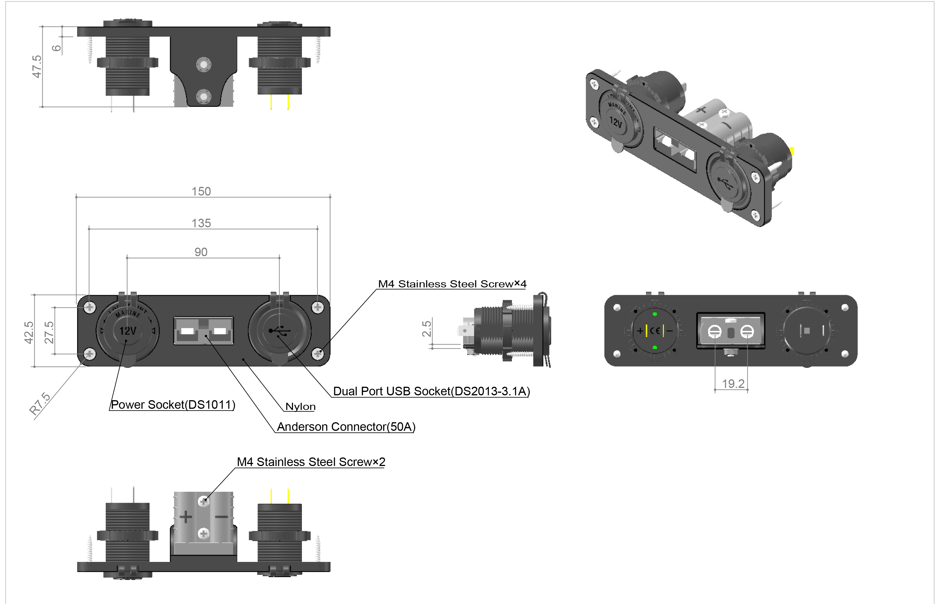 2x USB, CL + Anderson zásuvka 50A do panelu 