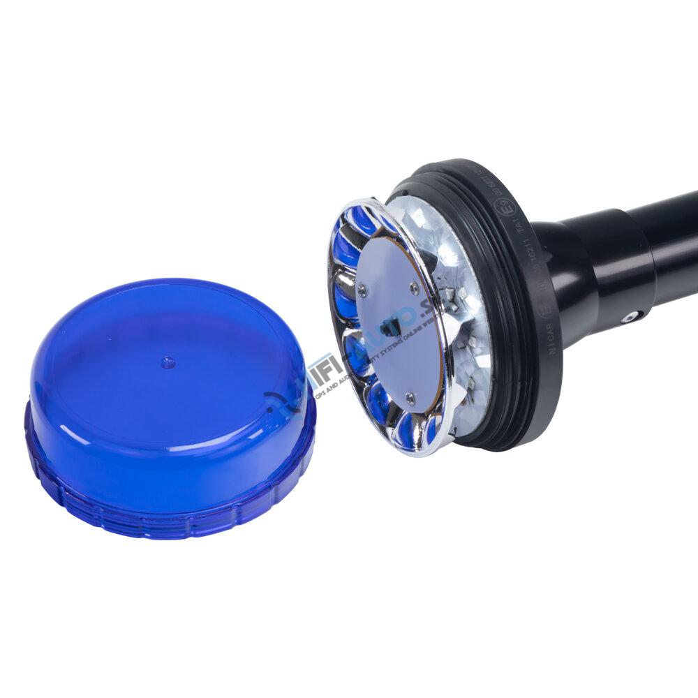 LED maják, 12-24V, 12x3W modrý s teleskopickou tyčou na motocykel, ECE R10