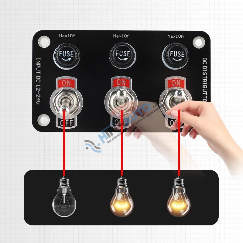 Panel s 3x spínačmi + 3x poistky, 12/24V