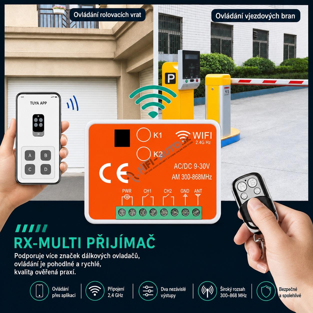 Univerzálny 2-kanálový WiFi/RF prijímač 300–868 MHz pre vráta a brány, Tuya/SmartLife