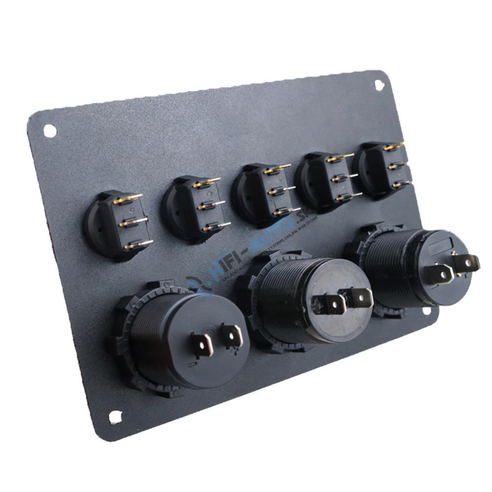 Panel s 5x spínačmi, CL, voltmeter + 2x USB zásuvka, 12/24V