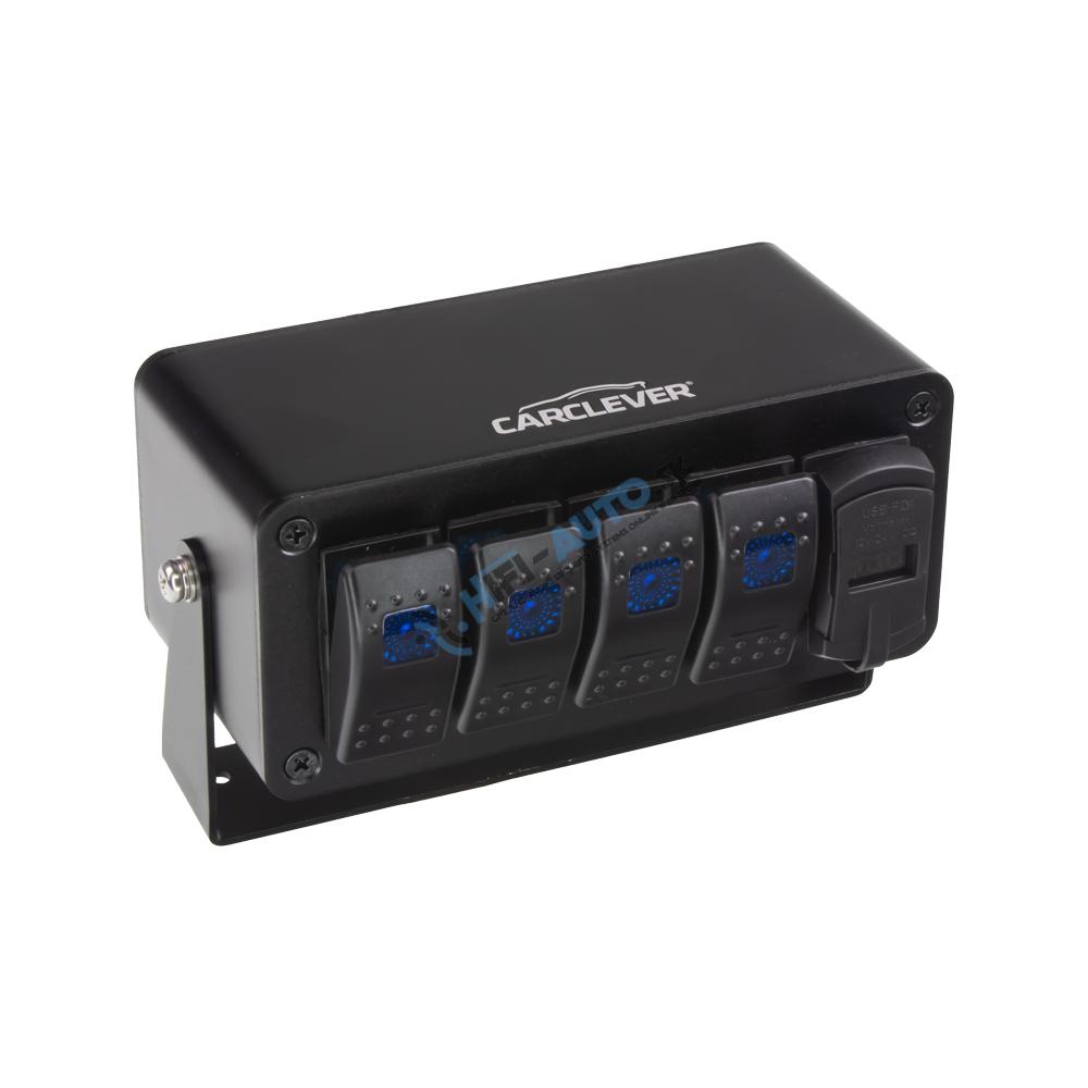 Panel s 4x spínačmi Rocker, voltmeter + USB/USB-C zásuvka, 12/24V