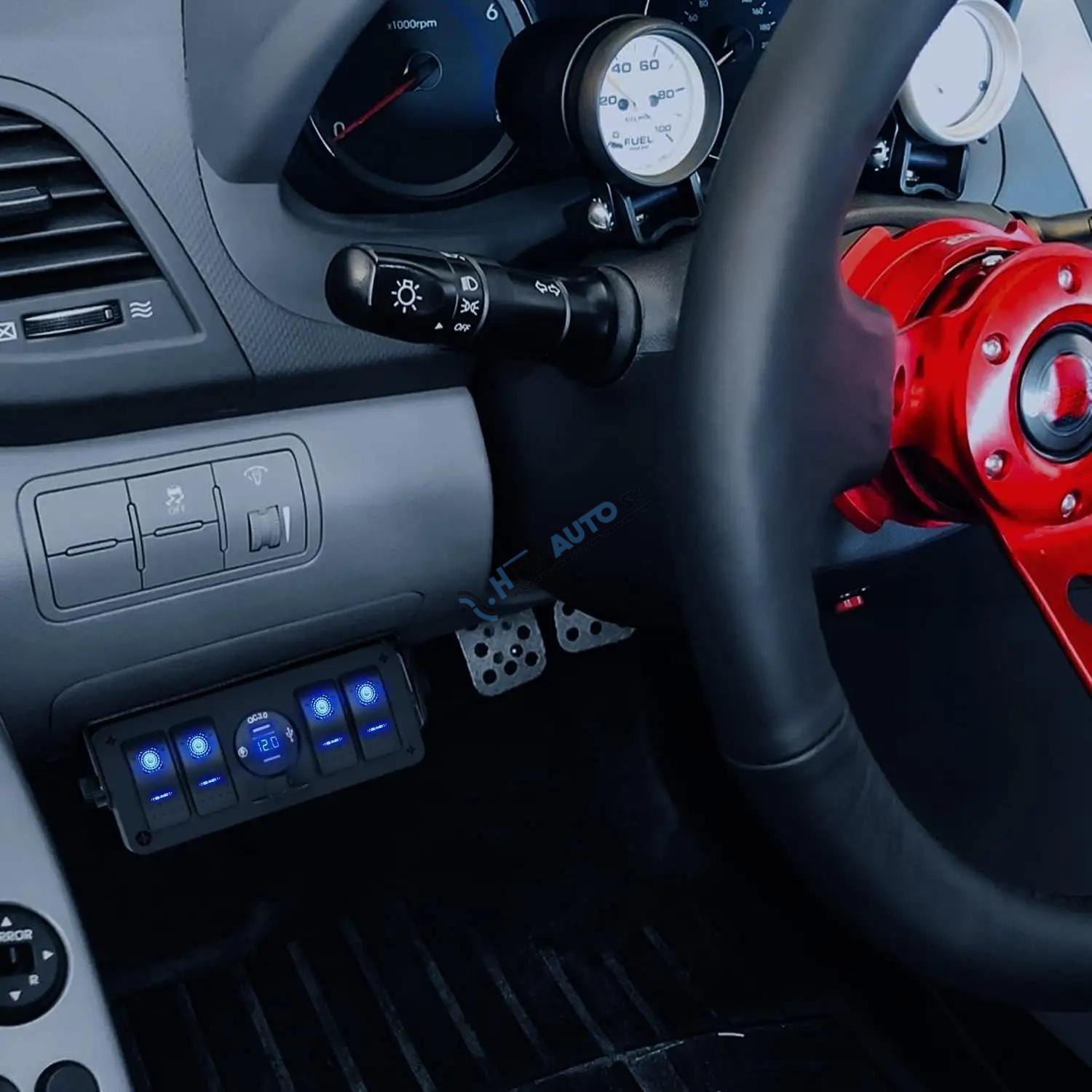 Panel s 4x spínačmi Rocker, voltmeter + 2x USB zásuvka, 12/24V