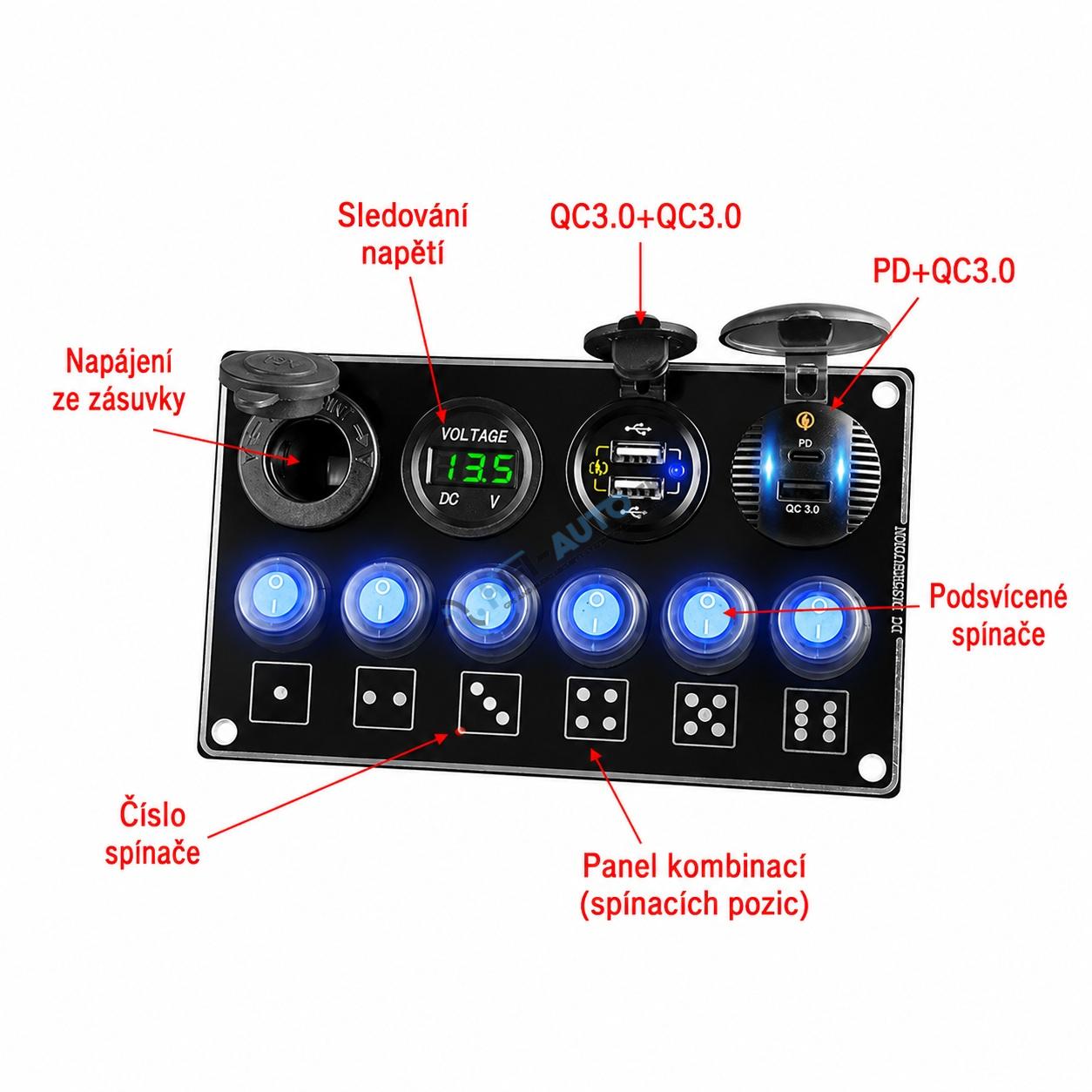 Panel s 6x spínačmi + 4x USB PD/Voltmeter/CL zásuvka, 12/24V