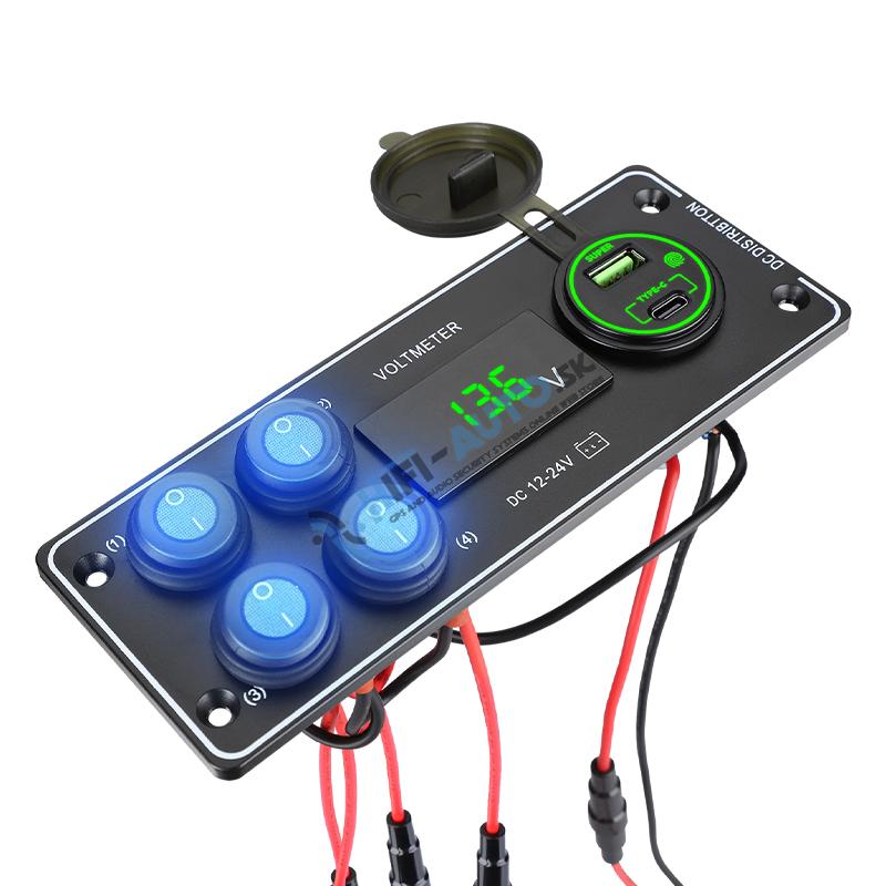 Panel s 4x spínačmi + USB-C/USB-A + Voltmeter, 12/24V