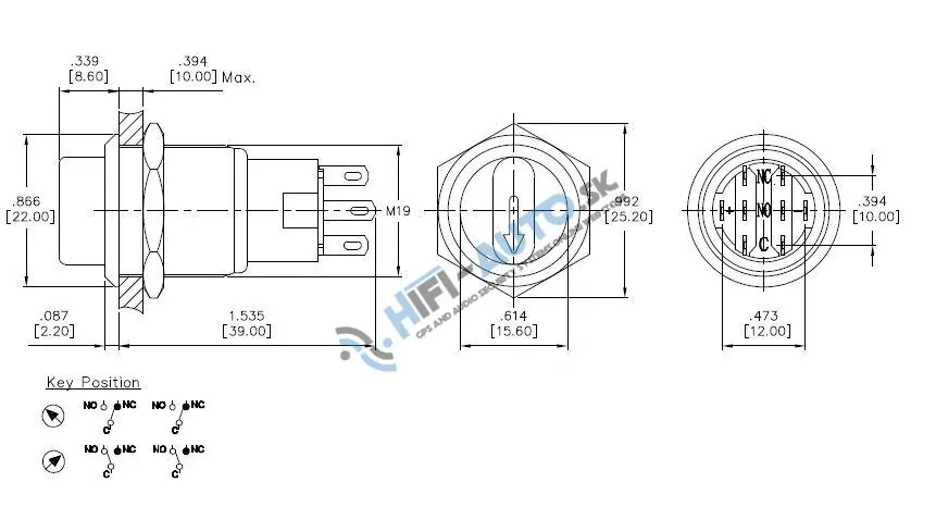 Spínač otočný okrúhly, modré podsvietenie