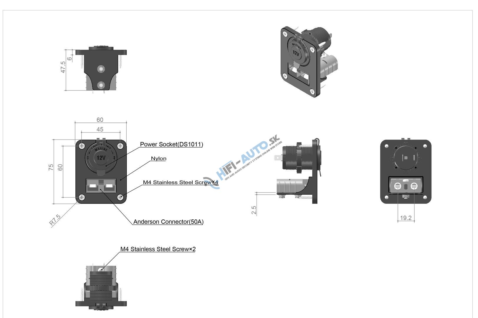 2x USB + Anderson zásuvka 50A do panelu