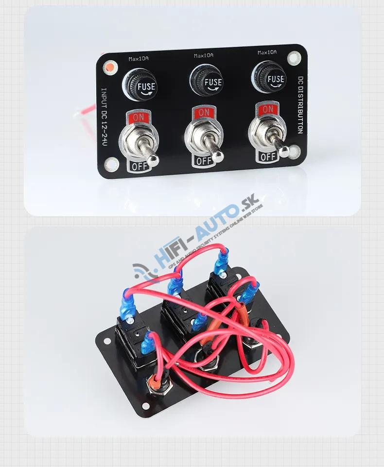 Panel s 3x spínačmi + 3x poistky, 12/24V