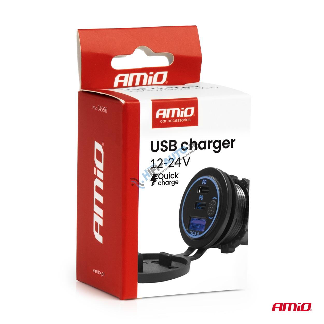 Vodotesná nabíjačka na telefón s vypínačom MODRÁ LED podsvietenie USB + 2xUSB C QC3.0 12/24V