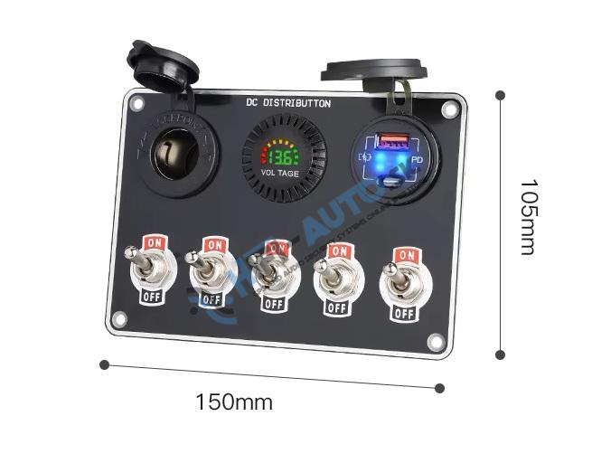 Panel s 5x spínačmi + 2x USB/Voltmeter a CL zásuvka, 12/24V