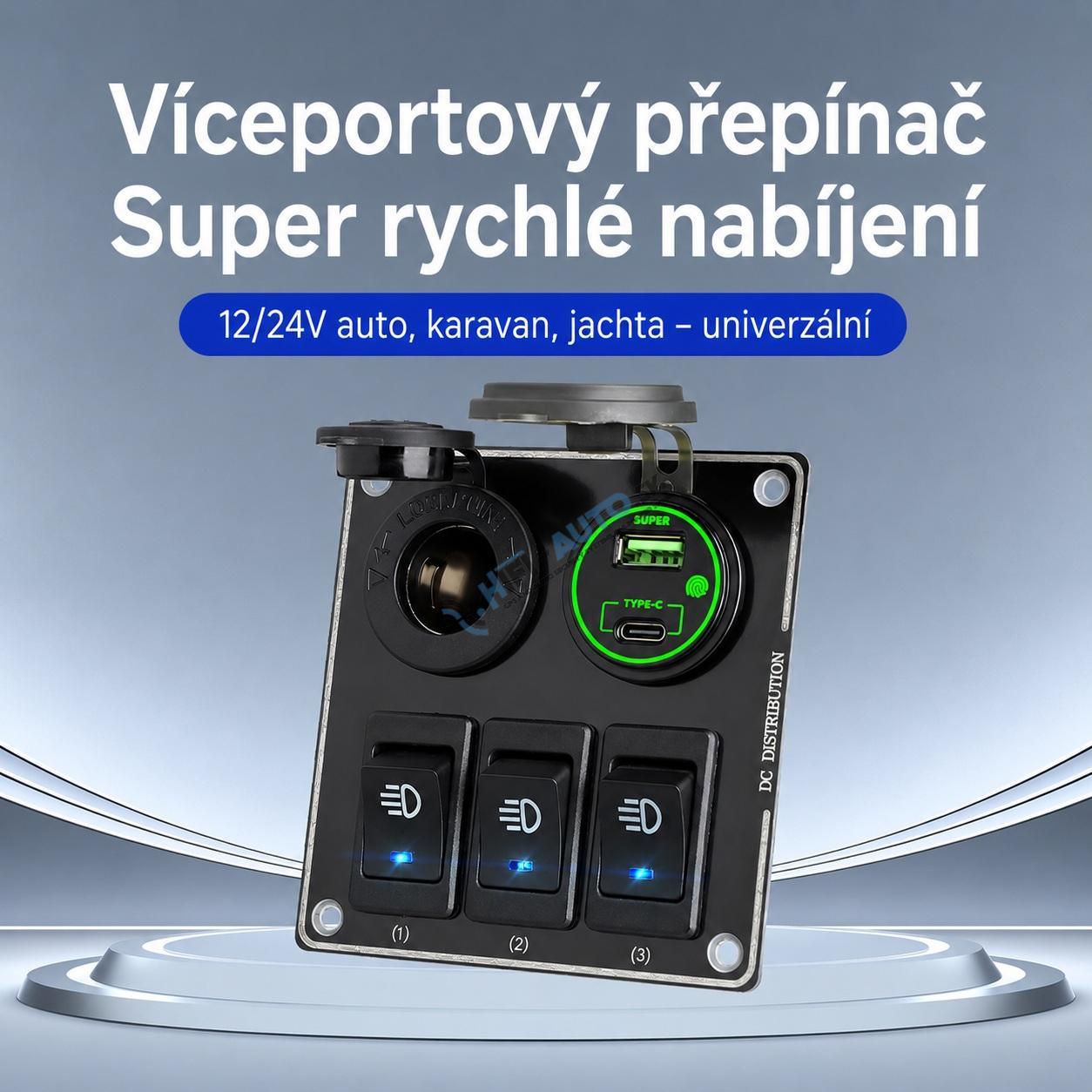 Panel s 3x spínačmi + USB-C/USB-A + CL zásuvka, 12/24V