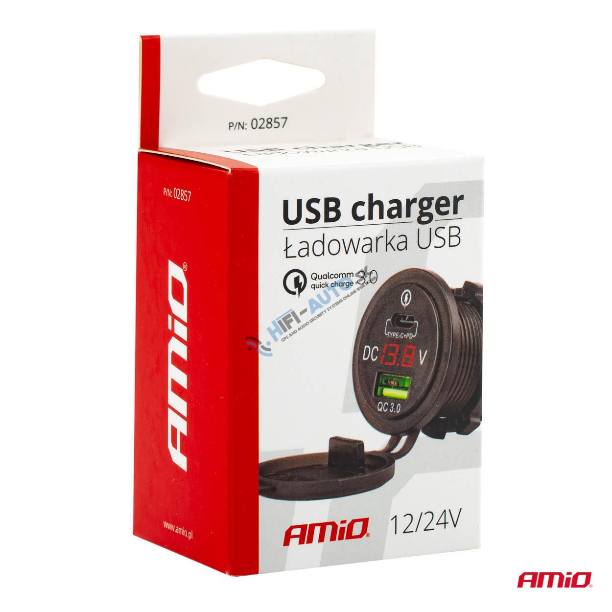 Vodotesná nabíjačka telefónu s digitálnym voltmetrom USB + USB C 12/24V MOD-07