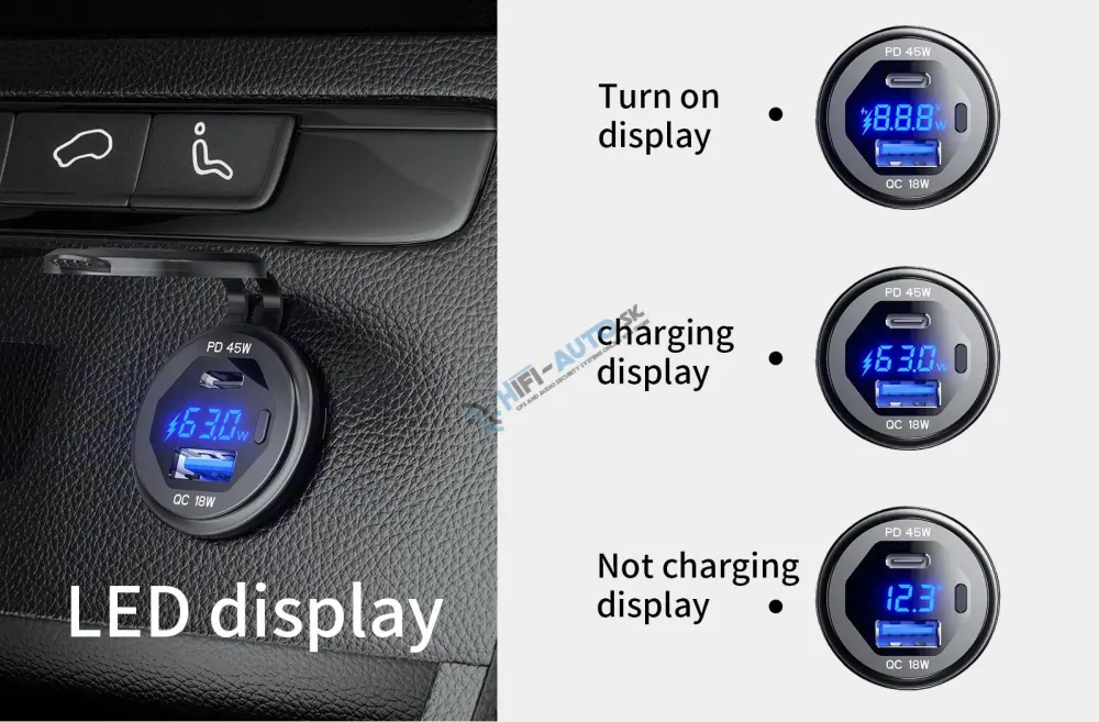 USB nabíjačka QC + USB-C s voltmetrom/wattmetrom, hliníková do panelu, 18W + 45W