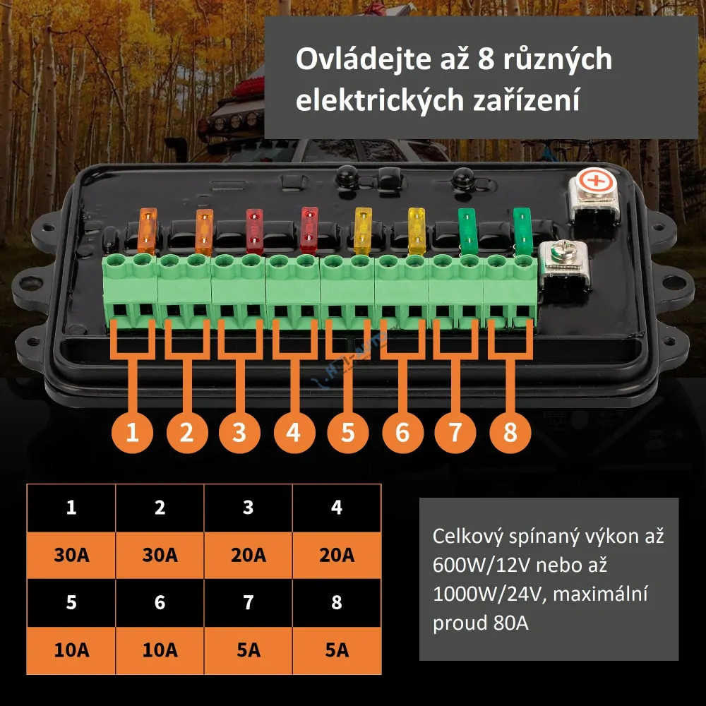 Diaľkovo ovládaný spínač 12/24V, 8-kanálový, 80A